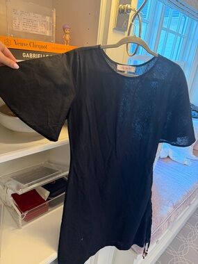 Linen cinch beaded detail mini dress